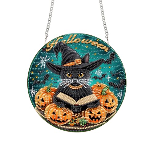 Bimkole Halloween Cat Hanging Diamond Pearl Art Kits for Adults Pendant C72 | DIY 5D Special Crystal Diamond Painting Pumpkins Window Suncatcher, Acrylic Pearl Art Autumn Winter Wall Decor 7.8x7.8 Inch - color: Halloween cat