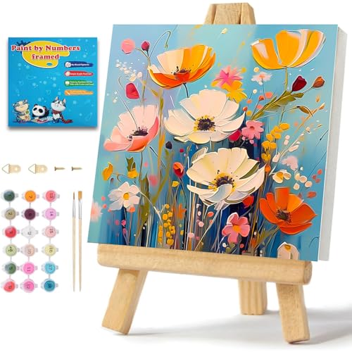 ICYANART Paint by Numbers for Adults Framed, Flowers Number Painting 8x8In | Flowers Paint by Number for Adults Beginners, Acrylic Flowers Painting by Numbers, Easy Paint by Numbers for Gift Home Decor - color: Flowers-7.8x7.8in