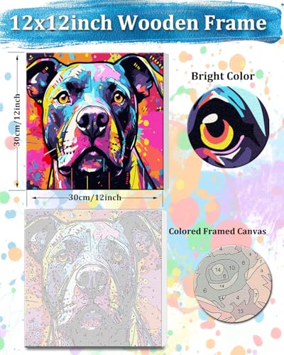 TOCARE Framed Paint by Numbers Kit for Adults Beginners & Kids Ages 8-12,12x12inch Pitbull Dog Paint by Number with Frame,Easy Dog Paint by Numbers Framed Canvas (Without Easel) - color: TC-F-291