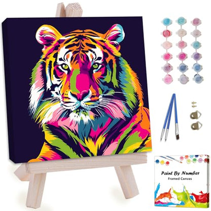 Artunion Framed Paint by Numbers Kit for Adults Beginners & Kids Ages 8-12,Colorful Tiger Paint by Number with Frame, Animals Paint by Numbers Kit on Canvas 10 * 10 Inch Without Easel - color: ZXT-266-F