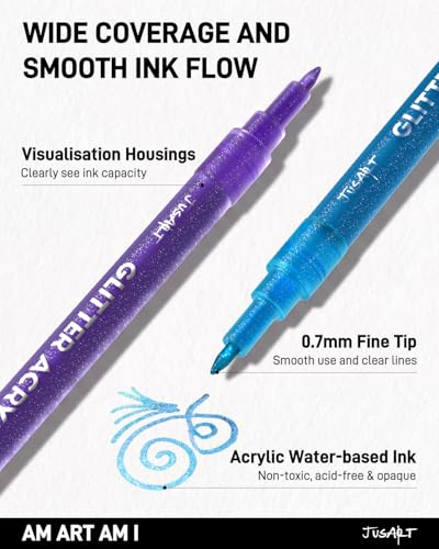 JusArt 16 Colors Glitter Markers, Glitter Pens, 0.7mm Acrylic Paint Markers | Shiny Shimmer Pens for Kids Adults DIY Crafts, Card Making, Drawing, Scrapbooking, Glass, Wood, Stone, Fabric, Rock