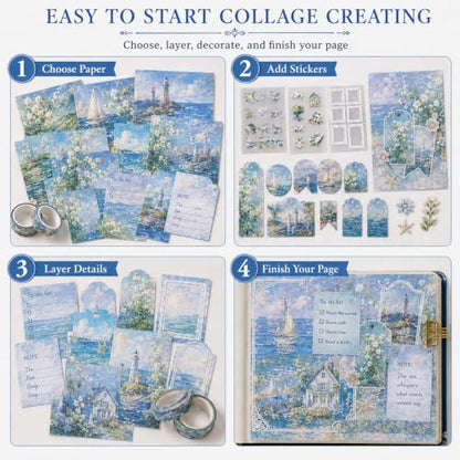 Diuhofart Sea Sketchbook Scrapbooking Kit, 128 Pcs Journal Set | Includes A6 notebook, blue coastal papers, PET stickers, washi tape and ephemera for journals, cards and memory books. - color: Sea Sketchbook