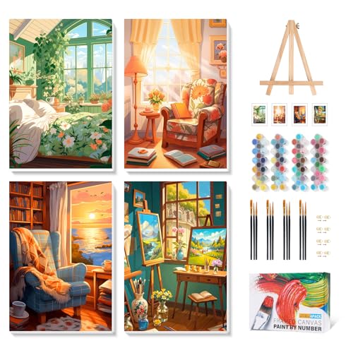 Camocin 4 Pack Framed Paint by Numbers Kit for Adults with Wooden Easel | Cozy Room Artwork, Cottage Reading Nook Decor, DIY Canvas Painting Set, Bedroom Wall Decor, Beginner Friendly, 8x12 Inch - color: LBOP4PF08