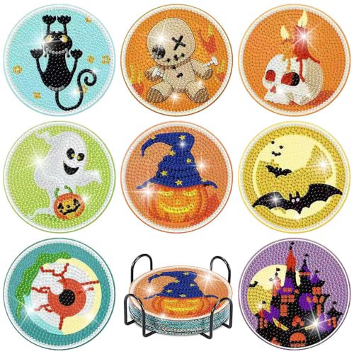 Clendo 8 PCS Halloween Diamond Art Coasters Kits, Cute Diamond Painting Coaster Kits Diamond Coasters with Holder Cork Pads Gem Art Dots Paintings Crafts Supplies for Adults Beginners - color: JXBD139-US