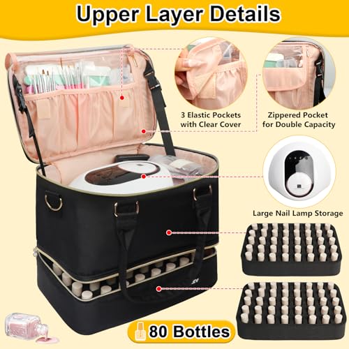 Covkev Nail Polish Organizer Hold 80 Bottles (15ml/0.5 fl.oz)& Nail Lamp, Double Layer Nail Bag Organizer Case with Handle, Large Nail Supplies& Kit Storage Case for Women Travel (Black& Golden)