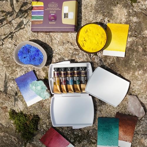 Mijello Mission Tourmaline Two-Tone Granulation Water Color Paint Unique texture Color retention Good Pigmentation for dramatic effect Art work & Craft_ MGC-0405SM_5 Colors Summer Set