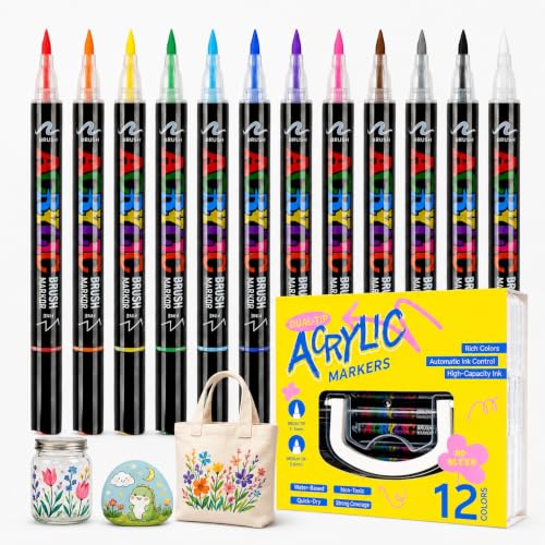 12 Colors Dual Tip Acrylic Paint Pens Set with Soft Brush Tip | Quick-Drying Acrylic Paint Markers for Rock Painting, Wood, Glass, Ceramic, Fabric, Water-Based Acrylic Pens for Adult - color: 12 Colors