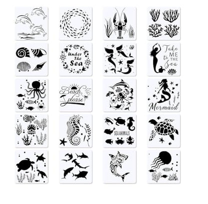 20 Pieces Summer Sea Ocean Stencils Marine Organism Background Painting Templates Summer Reusable Sea Animals Stars Shells Fish Stencil for DIY Crafts Scrabooking Art Projects (6 X 6 Inch) - color: 20 PCS
