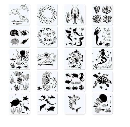 20 Pieces Summer Sea Ocean Stencils Marine Organism Background Painting Templates Summer Reusable Sea Animals Stars Shells Fish Stencil for DIY Crafts Scrabooking Art Projects (6 X 6 Inch) - color: 20 PCS