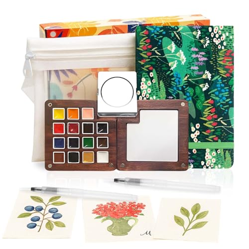 Mini Watercolor Paint Set - 15 Color Travel Watercolor Kit, Pocket Watercolor Paint Palette Set with Watercolor Book, Binder Clips, Pens, Storage Bag, Wooden Paint Box for Painters Artists Student - color: Flowering grass