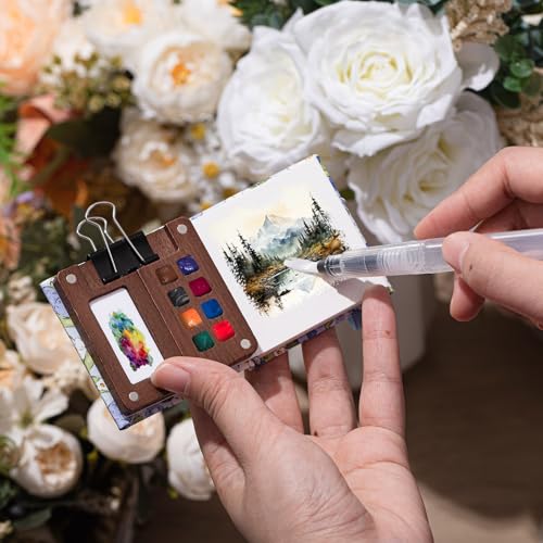 Qilery Mini Portable Watercolor Palette Set Wooden Grid Paint Box Watercolor Paper Sketch Book Brush Pens with Binder Clip for Painters Artist Not Include Paint(Blueberry) - style: Blueberry