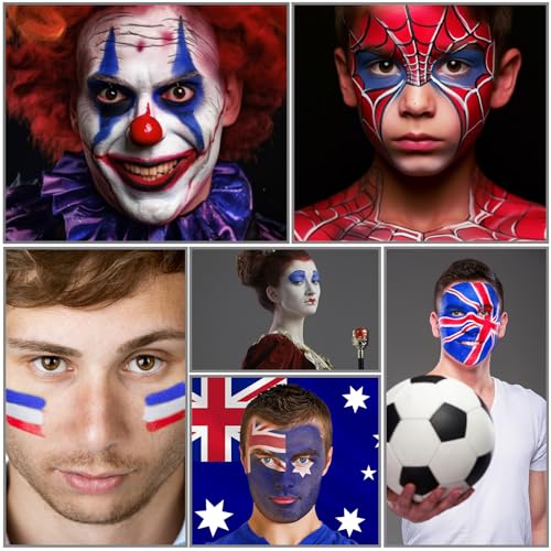 US Flag Red White and Blue Joker Face Body Paint, Water-Based Face Painting Kit with Brushes for America’s Patriotic Parades 4th of July USA Independence Day & Halloween Costume Clown Cosplay Makeup - color: White+Red+Blue+3Pcs Brushes