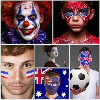 US Flag Red White and Blue Joker Face Body Paint, Water-Based Face Painting Kit with Brushes for America’s Patriotic Parades 4th of July USA Independence Day & Halloween Costume Clown Cosplay Makeup - color: White+Red+Blue+3Pcs Brushes