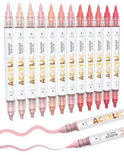 Guangna 12 Pink Skin Dual Tip Acrylic Paint Markers, Brush Tip & Chisel Tip Acrylic Paint Pens for Rock, Wood, Glass, Paper, Coloring Book, Ceramic, Canvas, Water-Based Ink - color: Pink Skin
