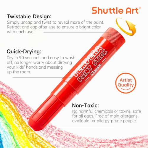 Shuttle Art Tempera Paint Sticks 30 Colors, Kids Safe, Washable Mess-Free | Fast Drying Solid Paint Sticks, Works Smoothly and Creamy on Paper, Wood, Glass, Ceramic and Canvas for Kids Art Creation - color: 30 colours