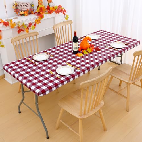 Smiry 4 Foot Picnic Table Cloth, Flannel Backed Fitted Vinyl tablecloths | Waterproof Elastic Rectangle Tablecloth ,Buffalo Plaid Table Covers for Dining, Camping (Burgundy and white, 24" x 48") - color: Burgundy and White, size: 48" x 24" (Rectangular)