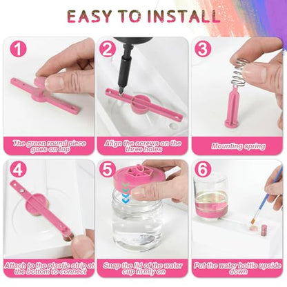 Upgraded All in 1 Paint Brush Cleaner Tool Paint Brush Rinser Paint Water Dispenser Painting Station for Acrylic, Watercolor, Oil Christmas&Birthday Gift for Kids（Give 4 Pen & Pen holder & paint tray） - color: 02 Pink