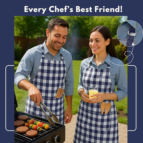 Native Fab Kitchen Apron 2 Pack - 100% Cotton Adjustable, Durable Apron with Pockets, Perfect for Cooking, Baking, Grilling - color: Buffalo, Navy Blue
