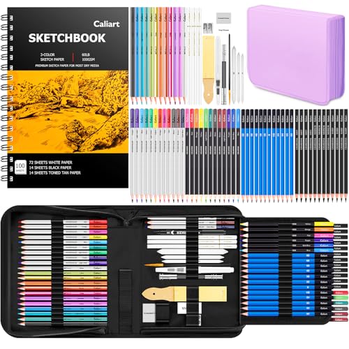 Caliart 176PCS Art Supplies Sketching Kit, 100 Sheets 3-Color Sketch Book | Graphite Colored Charcoal Watercolor & Metallic Pencils, Drawing Supplies Set Gifts for Artists Adults Beginners - color: Purple