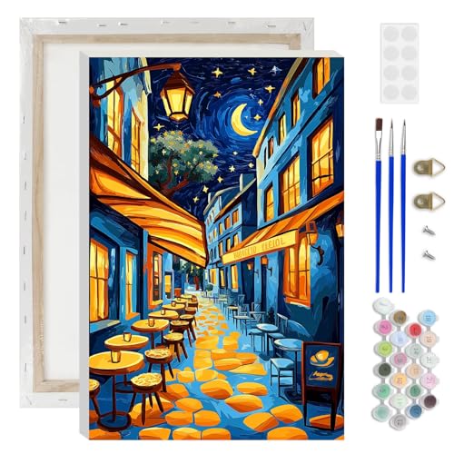 Lxmsja Street Café Paint by Numbers Kit for Adults, Starry Sky Acrylic Paint by Numbers for Adults Beginner, DIY Craft Supplies Oil Painting Kits for Home Wall Decor 8x12 inch (Framed) - color: yellow#106