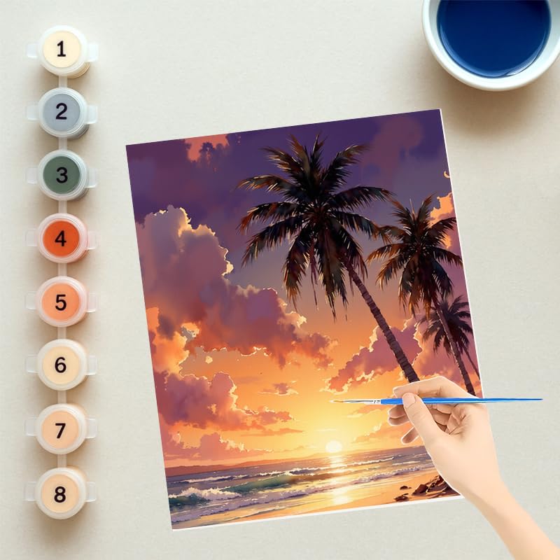 EnLvYY Paint by Numbers Kit for Adults 16x20in, DIY Acrylic Painting on Canvas, Beach Sunset with Tropical Palm Trees and Ocean Landscape, Unframed Beginner Wall Art, Gift for Friends and Family