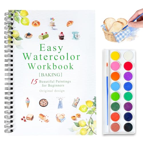 Watercolor Workbooks, 16 Colors Water Color Books Paint Set for Adults, Watercolor Coloring Book for Beginners, Water Color Workbook, 15 Beautiful Paintings for Beginners (Baking) - color: Baking, size: with palette