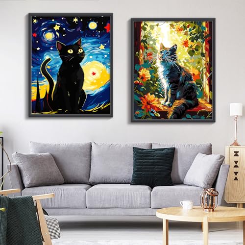 ZTOTZ Cats Paint by Number Kits for Adult,Black Cat Paining by Numbers Canvas, Kitten Adults' Paint-by-Number Kits Animal, 16x20 DIY Paints Numbers Kits Adults Starry Night - color: A-004-star cat
