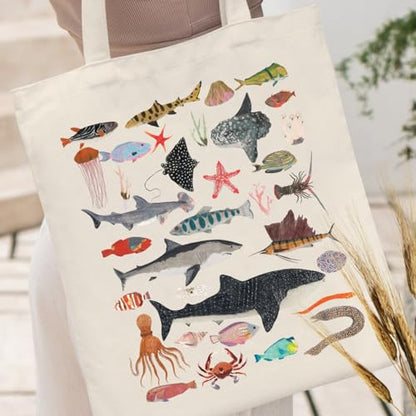 Canvas Aesthetic Tote Bag for Women with Inner Pocket Totes Shoulder Book Bag Shopping Reusable Grocery Bags - color: Sea Life Tote Bag