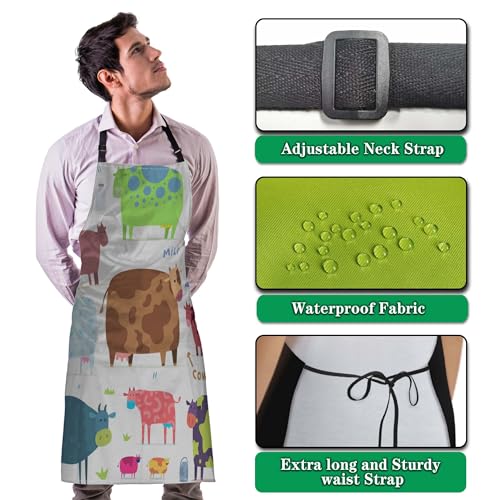 Baking Apron for Men Cows Women Aprons for Kitchen Cooking Restaurant BBQ Painting Crafting 27” (W) x 31” (H), Waterproof Apron - color: Cows
