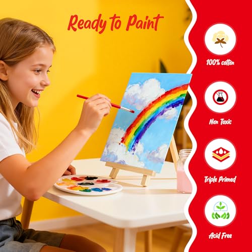 Canvas for Painting with Mini Easel, 6 Pack 8x10 Canvas Board with 1 Wood Easel Blank Cotton Primed for Kids & Beginners for Acrylic, Oil, Watercolor Paint