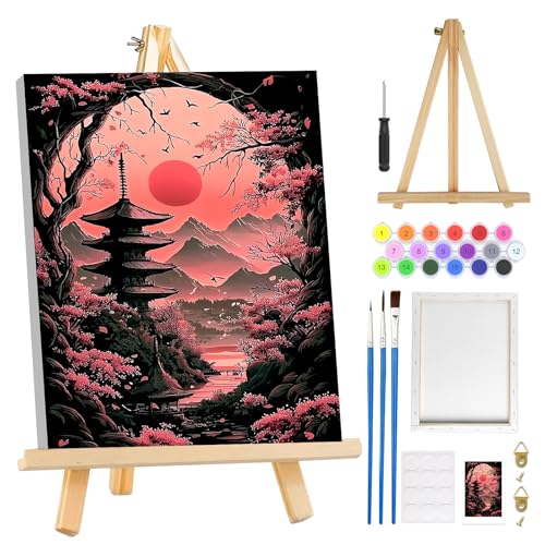 MOGTAA Cherry Blossom Paint by Numbers Kit for Adults Beginners with Frame, Mountain Landscape Adult Paint by Number Kits on Canvas with Easel, Easy DIY Oil Painting Kits for Home Decor, 8x12in - color: Cherry Blossom