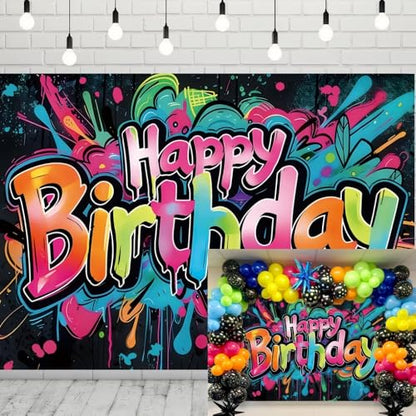 INRUI Colorful Graffiti Happy Birthday Photography Backdrop 8x6FT | Vibrant Drip Graffiti Birthday Art, Lightweight Vinyl, Retro/Hip-hop/Birthday Party Photo Backdrop, Easy Hang & Wipe Clean - size: 8x6FT