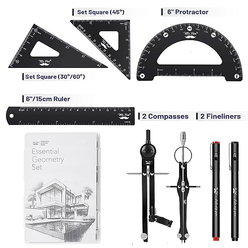 Mr. Pen- Professional Geometry Set, 15 pcs, Drafting Tools with Protractor | Compass, Metal Ruler, Triangles, Pens & Pencils, Complete Geometry & Drafting Kit for Architects, Engineers & Students - color: Black