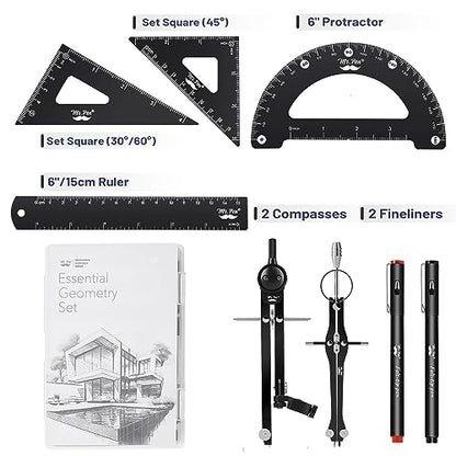 Mr. Pen- Professional Geometry Set, 15 pcs, Drafting Tools with Protractor | Compass, Metal Ruler, Triangles, Pens & Pencils, Complete Geometry & Drafting Kit for Architects, Engineers & Students - color: Black