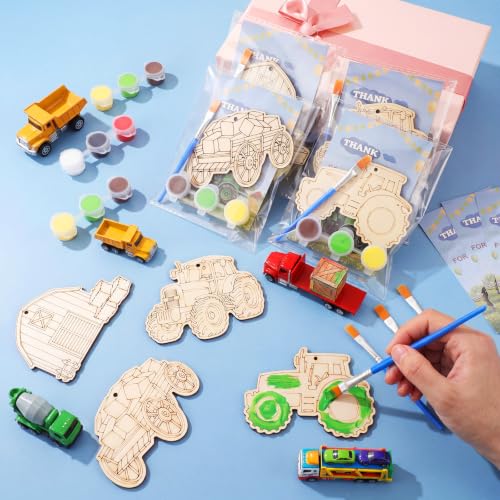 Saypacck 24 Pcs Tractor Farm Party Favors Wooden Paint Craft Kits | Farm Tractor Painting Toy with Brush Paints, Party Decor Goodie Bag Fillers, Organza Bags for Thank You Gifts - style: Tractor Farm