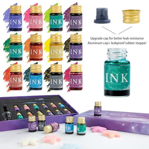 Glass Dip Pen Ink Set, 16pcs Fountain Calligraphy Pens Set, 2 Crystal Signature Glass Pen, 12 Gold Powder Drawing Ink Drip Tool for Art Writing Signatures Beginners Valentines Day Gift