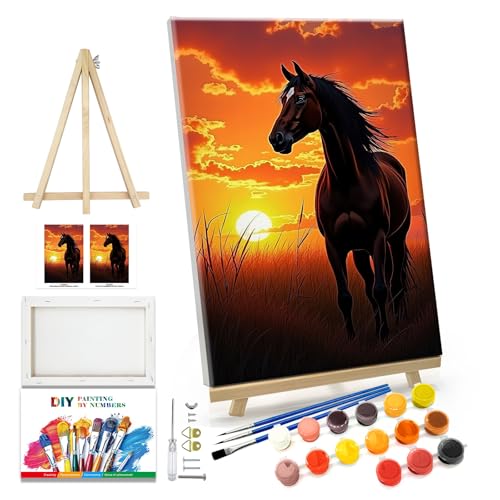JOOZ Horse Paint by Numbers Kit for Adults with Frame Sunset Paint by Number with Easel Adult Paint by Number Kits Framed Canvas Oil Painting Kits for Home Wall Decor 8x12 Inch - color: Horse 074
