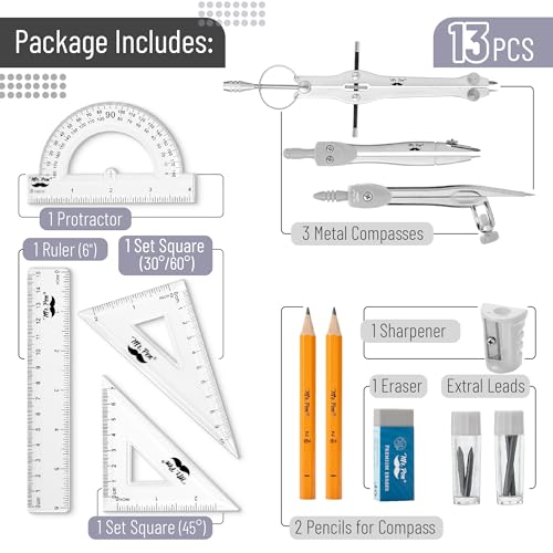 Mr. Pen- Geometry Set, 13 pcs, 3 Metal Compasses, Protractor, 6" Ruler | 45° & 30°/60° Set Squares, Pencils, Lead Refills, Sharpener & Eraser for Math, Drafting & Classroom Use | 45° & 30°/60° Set Squares, Pencils, Lead Refills, Sharpener & Eraser for Mat