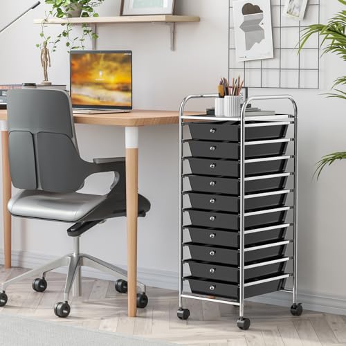RELAX4LIFE 10 Drawer Slim Rolling Storage Utility Cart Black | 34"H Height, Lockable Rolling Casters, Metal Frame, For Classroom Teacher Office Art Craft Scrapbook Paper Supply Storage - color: Black, size: 34''H