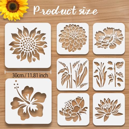 8 Pcs Large Flower Stencils for Painting, 11.81 X 11.81 Inch Flower Stencils for Crafts Reusable, Wood and Wall Stencils for Painting Large Pattern, DIY Templates Holiday Wall Paper (C) - style: C