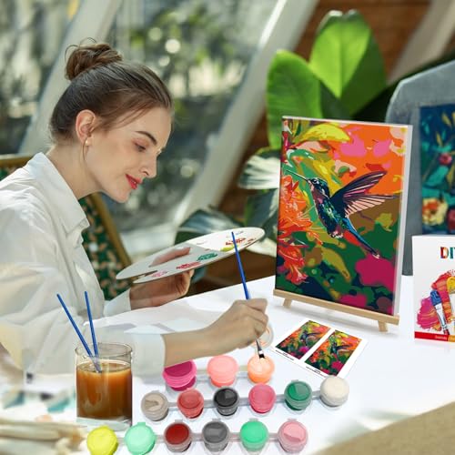 HeeBenor Framed Paint by Numbers Kit for Adults, Hummingbird Paint by Numbers Kit for Adults with Easel, DIY Flower Bird Paint by Number with Frame, Adult Paint by Number Kits Framed Canvas 8x12 Inch - color: Hummingbird 009