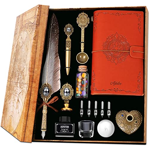 Aifeiter Feather Pen Ink Set,Includes Quill Pen,Notebook,Ink,5 Replaceable Nibs,Pen Holder,Cup,Seal Stamp,Spoon,Wax Bead,White Wax,Envelope & Letter Paper Etc.Feather Calligraphy Pen Set-Grey - color: Grey