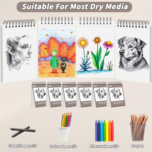 UZLU 6 Pcs Sketch Book Bulk 5.5 x 8.5 in 600 Sheets Top Spiral Bound Sketch Pad Drawing Paper 100 Sheets Each Acid Free Mixed Media Sketchbook 68lb/100gsm Art Supplies for Beginner Artist - size: 5.5x8.5in
