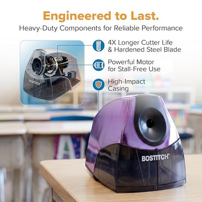 Bostitch Office Electric Pencil Sharpener for Classroom & Desk Use, Heavy-Duty Stall-Free Motor, High-Capacity Shavings Tray, Metallic Purple - color: Metallic Purple
