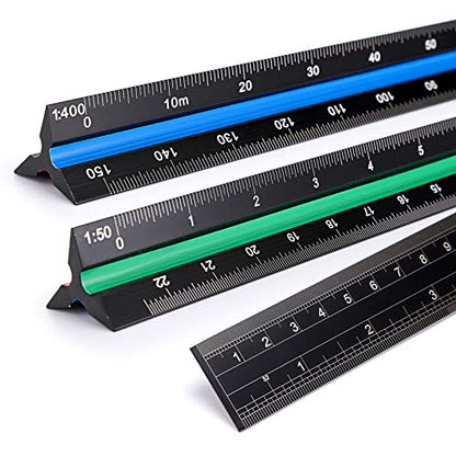 OwnMy 3 Pack 30CM Solid Aluminum Triangular Architect Scale Ruler Set | 3-Colors-Groove Architectural and Engineer Scale Metal Rulers, Clear Scale Metal Drafting Rulers for Civil Engineer Blueprint - style: Metric Scale