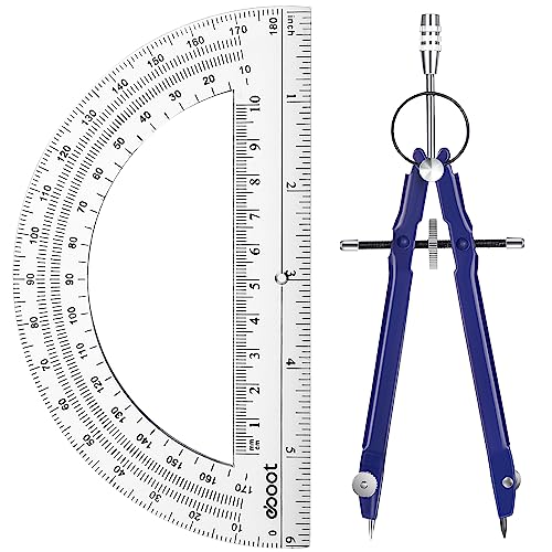 EBOOT Student Geometry Math Set, Metal Drawing Compass and 6 Inch Clear Swing Arm Protractors 180 Degree Math Protractor(Blue) - color: Blue