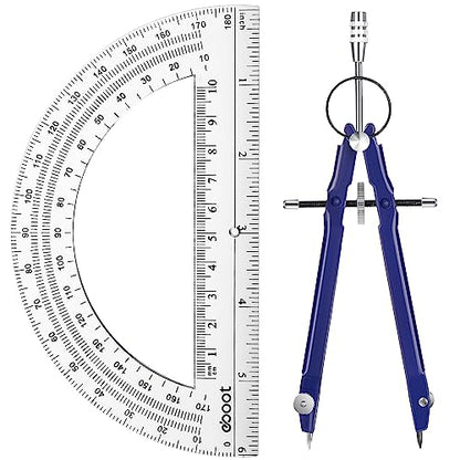 EBOOT Student Geometry Math Set, Metal Drawing Compass and 6 Inch Clear Swing Arm Protractors 180 Degree Math Protractor(Blue) - color: Blue