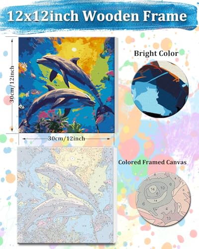 TOCARE Framed Paint by Numbers Kit for Adults & Kids Ages 8-12, 12x12Inch Dolphin Paint by Numbers with Frame, Seascape Paint by Number Framed Canvas for Animal Lovers (Without Easel) - color: TC-F-372