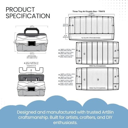 ArtBin 3-Tray Art Supply Box Versatile Organizer for Brushes, Paints, Stamps, and More - Durable Hard Plastic, Secure Closure, Portable with Top Trays and Dividers - style: Three Tray