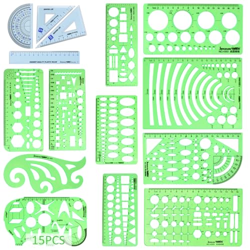 15PCS Geometric Drawings Templates, Measuring Geometry Rulers, Drafting Stencils Measuring Tools